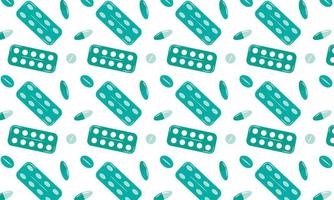 Green and blue pills and blisters on a white background. vector