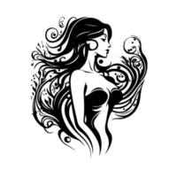 Silhouette of a beautiful sea girl who looks like a mermaid. Black and white, isolated vector illustration for emblem, mascot, sign, poster, card, logo, banner, tattoo.