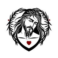 Jesus Christ and a wreath of a sacred plant in the shape of a heart. Ornamental design for logo, mascot, sign, emblem, t-shirt, embroidery, crafting, sublimation, tattoo. vector