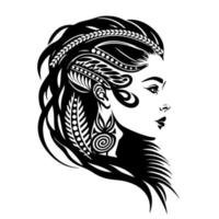 Beautiful girl with fashionable ornamental hairstyle. Design element for logo, emblem, mascot, sign, poster, card, logo, banner, tattoo. vector