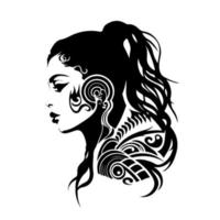 Stylish ornamental girl monochrome portrait. Vector design for logo, mascot, sign, emblem, t-shirt, embroidery, crafting, sublimation, tattoo.