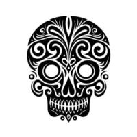 Decorative, monochrome sugar skull, Calaveras for Day of the Dead. Black and white, isolated vector illustration for emblem, mascot, sign, poster, card, logo, banner, tattoo.