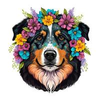 Portrait of an Australian Shepherd dog in flowers. Abstract vector illustration, mix of WPAP and pop art styles. Printable design for wall art, t-shirts, mugs, cases, etc.