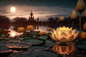 Lotus flower with candle light background, Buddha purnima Vesak day. photo