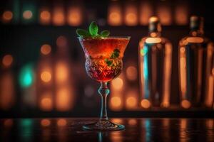 A glass of cocktail with glowing light background. Created photo
