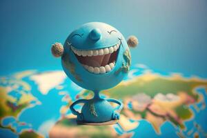 Cute earth character laughting on blue sky background, Happy Earth day, World laughter day. photo