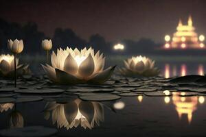 Lotus flower with candle light background, Buddha purnima Vesak day. photo