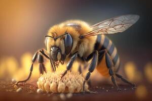 cerca arriba realista miel abeja coleccionar polen. creado con generativo ai foto