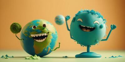 Cute Earth character laughting on orange background, Happy Earth day, World laughter day. photo