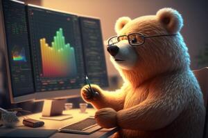 Cute Bear with computer, Bearish in Stock market and Crypto currency. photo