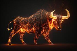 Fire sculpture of a Bull, Bullish in Stock market and Crypto currency. photo