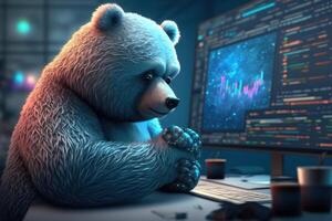 Cute Bear with computer, Bearish in Stock market and Crypto currency. photo