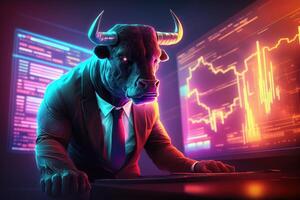 Bull trading with computer with graph on screen, Bullish in Stock market and Crypto currency. Created photo