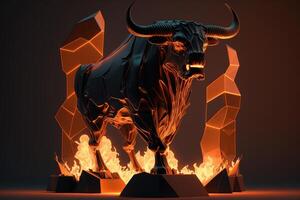 Fire sculpture of Bull, Bullish divergence in Stock market and Crypto currency. Created photo