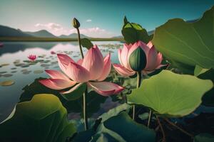 rosado loto flores floreciente en lago azul cielo antecedentes. generativo ai foto