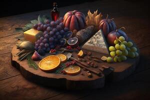 Seasonal fruits arranged on wooden board warm light background. Created with technology photo