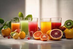 Fresh fruits juice on amazing light background, Healthy beverage rich in vitamins. Created photo