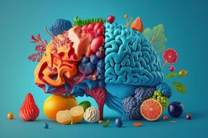 varios frutas formando un creativo cerebro, comiendo sano comida como nutrición a mejorar memoria y pensamiento. generativo ai foto