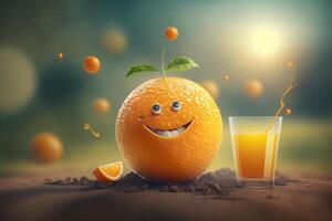 Cheerful Orange character smiling on green background. Created photo