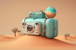 Stunning realistic travel around the world concept on pastel color background. Created with photo