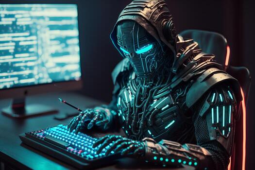 Ai Robot working with computer. Futuristic Humanoid worker. photo