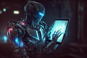 Ai Robot working using tablet. Futuristic Humanoid worker. photo