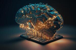 circuito tablero en forma de artificial inteligencia cerebro, ai máquina aprendizaje concepto. generativo ai foto