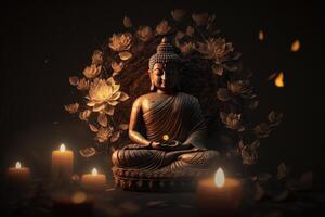 Buddha statue with Candle light, Buddha purnima Vesak day background. photo