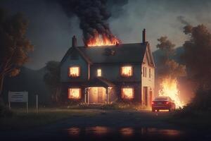 House or fire and Burning down, Home insurance concept. photo