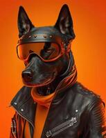 Portrait of bad dogs wearing jacket on orange background. Created photo