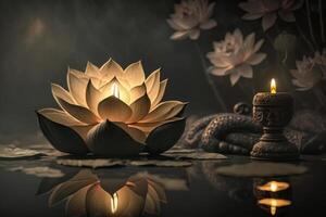 Lotus flower with candle light background, Buddha purnima Vesak day. photo