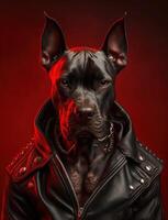 Portrait of bad dogs wearing jacket on red background. Created photo