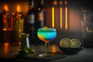 A glass of cocktail with glowing light background. Created photo