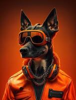 Portrait of bad dogs wearing jacket on orange background. Created photo