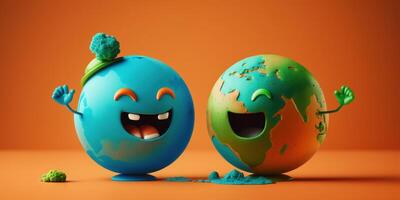 Cute Earth character laughting on orange background, Happy Earth day, World laughter day. photo
