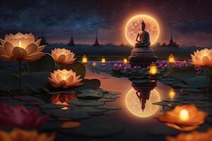 Buddha purnima Vesak day background, Buddha statue with Lotus flower and Candle light side on river. photo