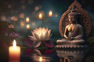 Buddha purnima Vesak day background, Buddha statue with Lotus flower and Candle light side on river. photo