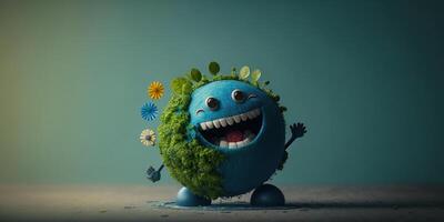 Joyful Earth character laughting on blue background, Happy Earth day, World laughter day. photo