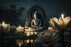 Buddha purnima Vesak day background, Buddha statue with Lotus flower and Candle light side on river. photo