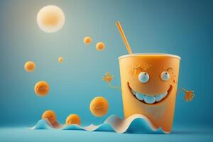 alegre vaso de naranja jugo personaje sonriente antecedentes. fresco naranja jugo. creado generativo ai foto