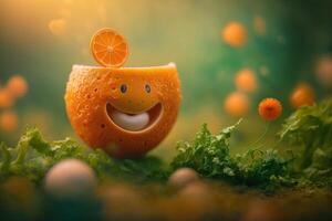 alegre naranja personaje sonriente en verde antecedentes. creado generativo ai foto