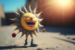 Joyful sun character laughting in fantasy world background. Created Generativa ai photo