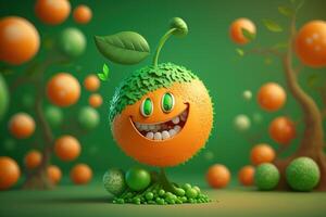 Cheerful Orange character smiling on green background. Created photo