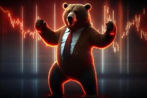 Bear bearish divergence in stock market and Crypto currency with red graph background. Created photo