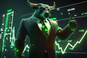 Bull bullish divergence in Stock market and Crypto currency with green graph background. Created photo