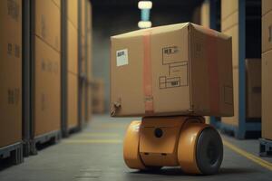 Automated robotic carrying box in warehouse, Distribution logistics center concept. Created photo