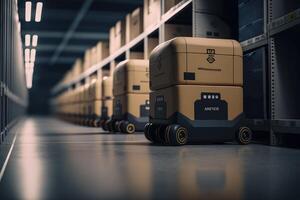 Automated robotics delivering cardboard Boxes in warehouse, Distribution logistics center concept. Created photo