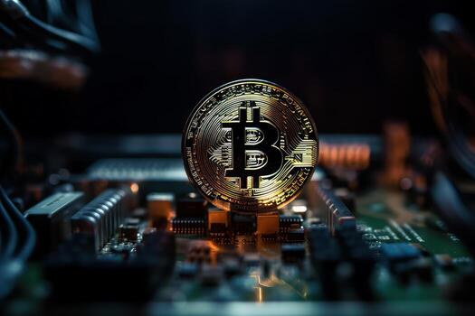 Golden bitcoin with computer circuit background, Crypto currency investment concept. photo