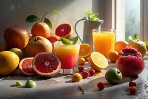 Fresco frutas jugo en increíble ligero fondo, sano bebida Rico en vitaminas creado generativo ai foto