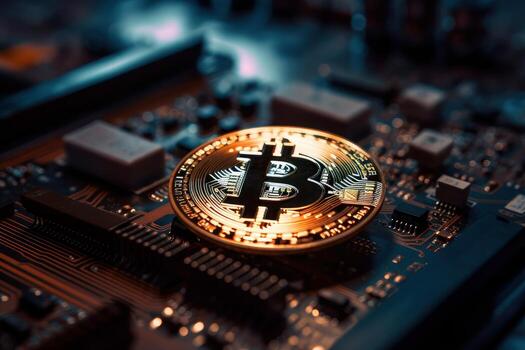 Golden bitcoin with computer circuit background, Crypto currency investment concept. photo